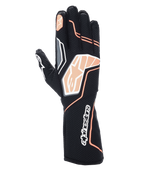 Alpinestars Tech-1 KX V4 handschoenen, karthandschoenen, zwart en fluoriserend oranje, met ademende mesh-constructie, oranje en witte grafische details, Alpinestars-logo op de knokkels en manchet, professioneel race-ontwerp