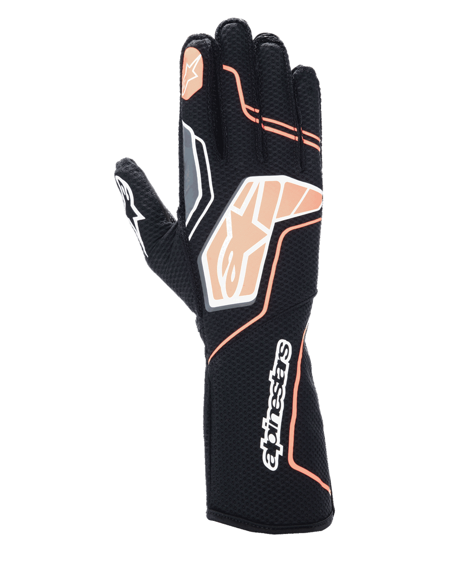 Alpinestars Tech-1 KX V4 Gloves, Karting Gloves, Black and Fluorescent Orange, showing breathable mesh construction, orange and white graphic details, Alpinestars logo on knuckles and cuff, professional racing design