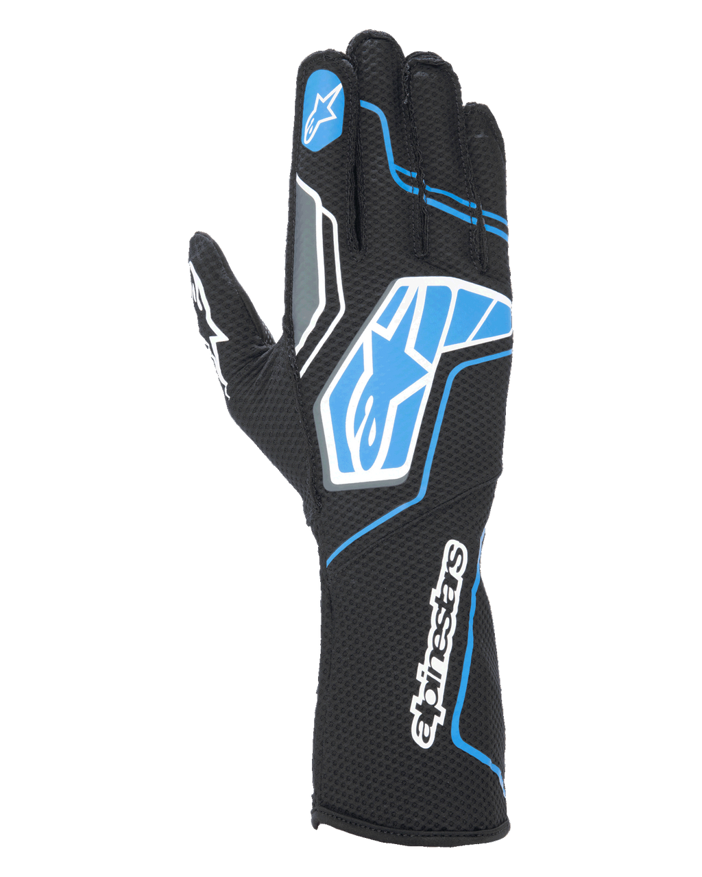 Alpinestars Tech-1 KX V4 handschoenen, karthandschoenen, zwart en blauw, voorzien van dubbellaags ademend mesh, blauwe en witte grafische patronen met Alpinestars-logo, sportief ontwerp voor competitief karten