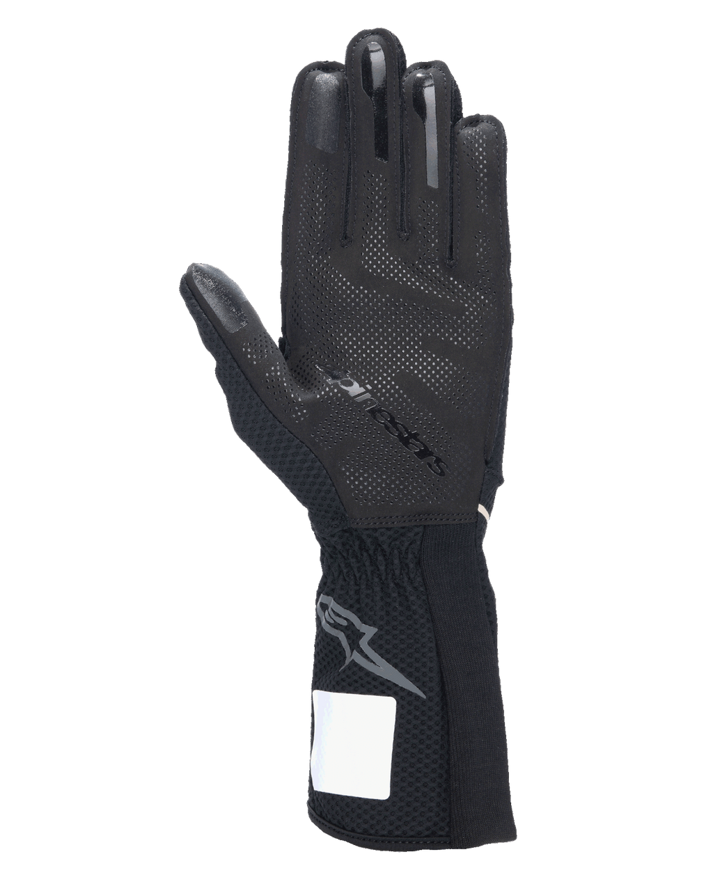 Alpinestars Tech-1 KX V4 handschoenen, karthandschoenen, zwart, zicht op de handpalm met 3D siliconen grippatroon, externe naden en geribbelde manchet met grijs Astars-logo, professionele motorsport race-uitrusting