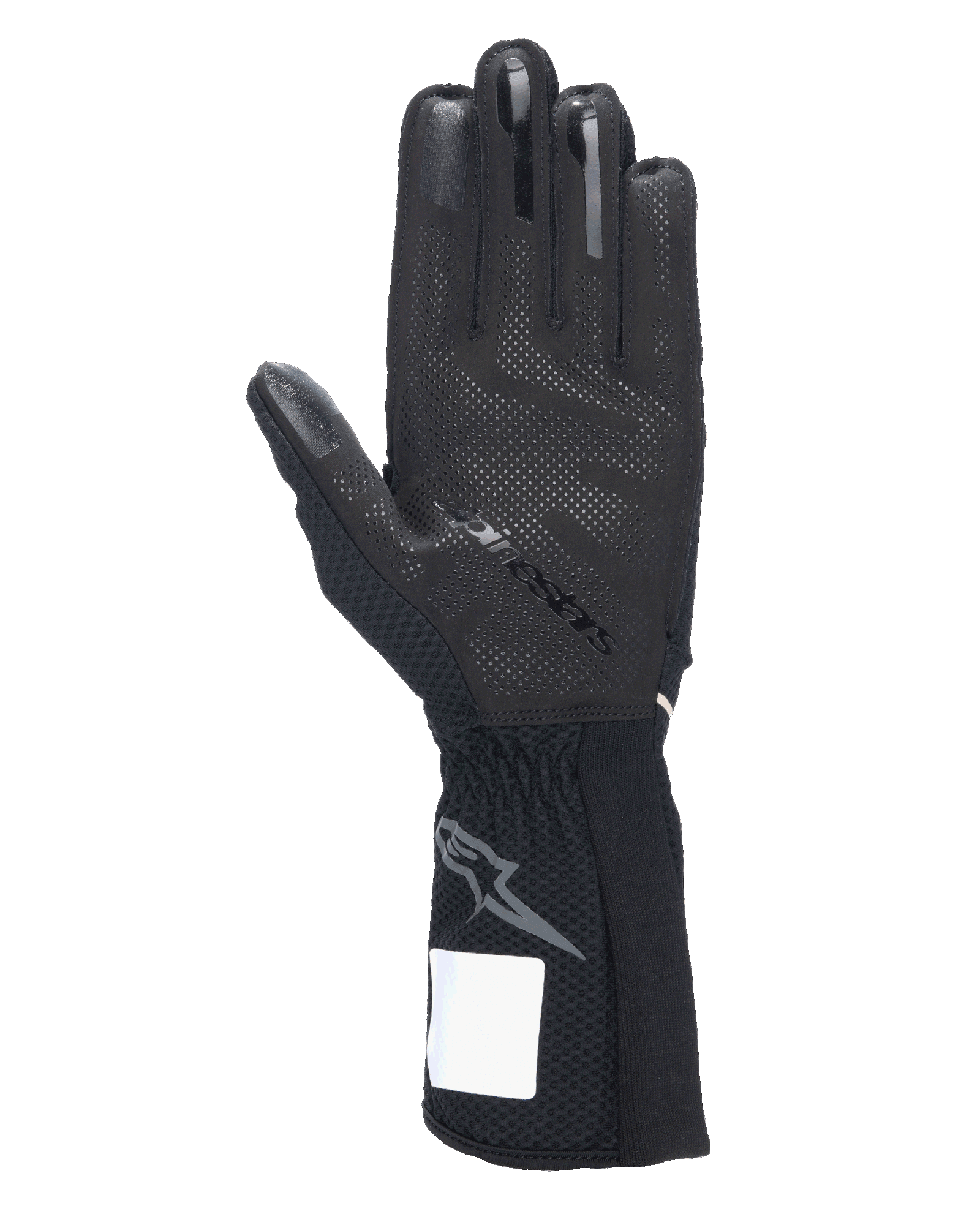 Alpinestars Tech-1 KX V4 handschoenen, karthandschoenen, zwart, zicht op de handpalm met 3D siliconen grippatroon, externe naden en geribbelde manchet met grijs Astars-logo, professionele motorsport race-uitrusting