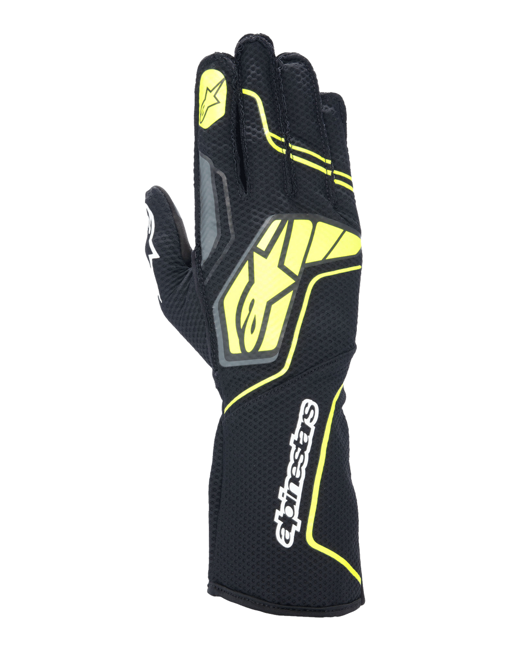 Alpinestars Tech-1 KX V4 handschoenen, kartinghandschoenen, Tar Gray, zwart en fluogeel, bovenaanzicht met ademende mesh-constructie, groot geel Alpinestars-logo, wit woordmerk op de pols, gele ster op de wijsvinger, modern sportief design