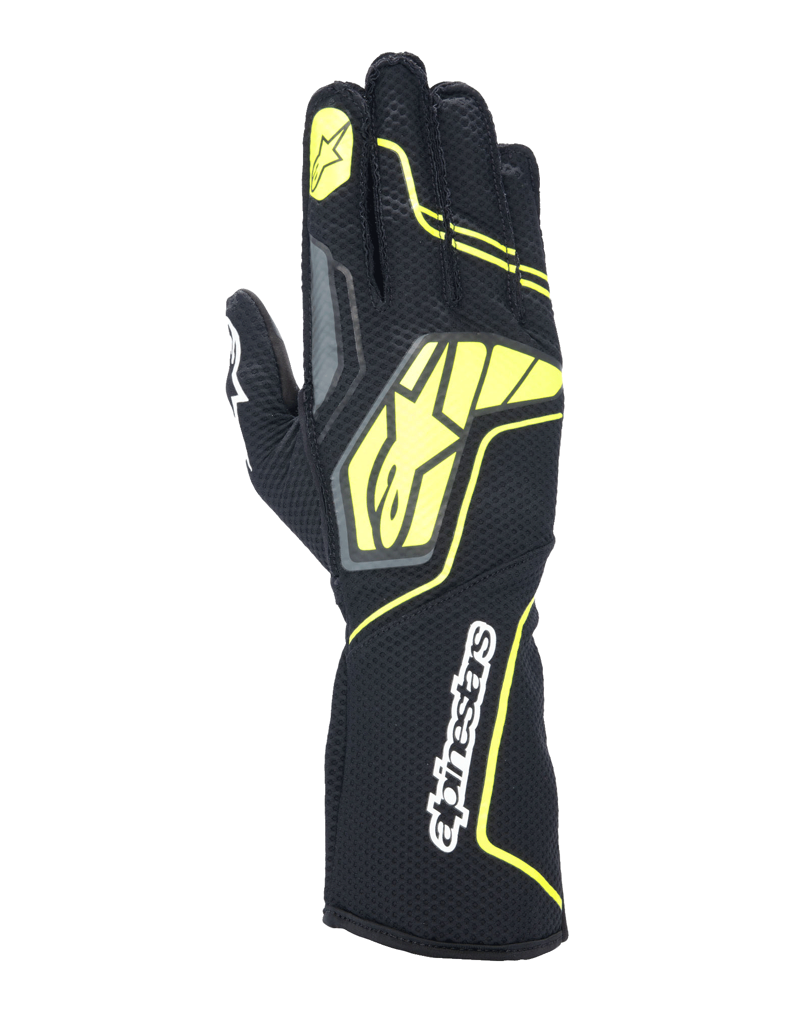 Alpinestars Tech-1 KX V4 handschoenen, kartinghandschoenen, Tar Gray, zwart en fluogeel, bovenaanzicht met ademende mesh-constructie, groot geel Alpinestars-logo, wit woordmerk op de pols, gele ster op de wijsvinger, modern sportief design
