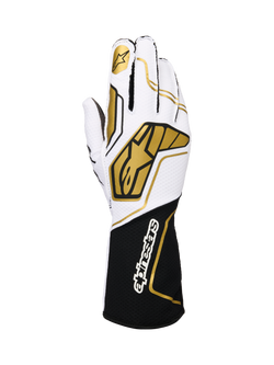 Alpinestars Tech-1 KX V4 Gloves, karting racing gloves, white and black with gold accents, featuring a gold star logo on the index finger and large gold geometric patterns on the back, breathable mesh construction with a black cuff and white branding, ergonomic design for motorsport performance.