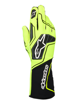 Alpinestars Tech-1 KX V4 Gloves, Karting Racing Gloves, Yellow Fluo and Black, back view featuring a breathable dual-layer mesh construction, prominent Astar logo on the hand, and Alpinestars wordmark on the extended ribbed cuff, ergonomic performance design.