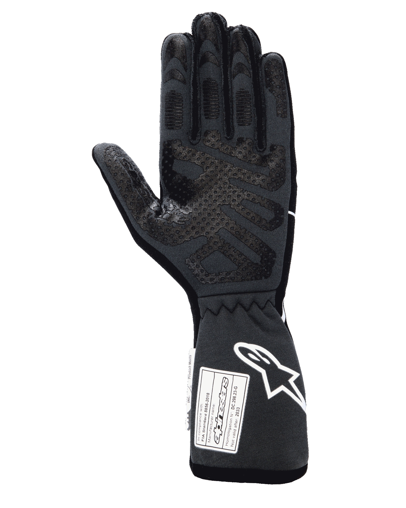 Alpinestars Tech-1 Race V4 handschoenen, professionele autorace-handschoenen, Black Tar Gray, weergave van de palmzijde met uitgebreide siliconen grippatronen op de vingers en palm, verlengde manchet met wit Alpinestars-logo en FIA/SFI-certificeringslabels