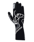Alpinestars Tech-1 Race V4 handschoenen, autoracehandschoenen, Black Tar Gray, met een groot wit geometrisch sterlogo, Alpinestars-branding op de manchet en wijsvinger, model met lange schacht voor high-performance autosport