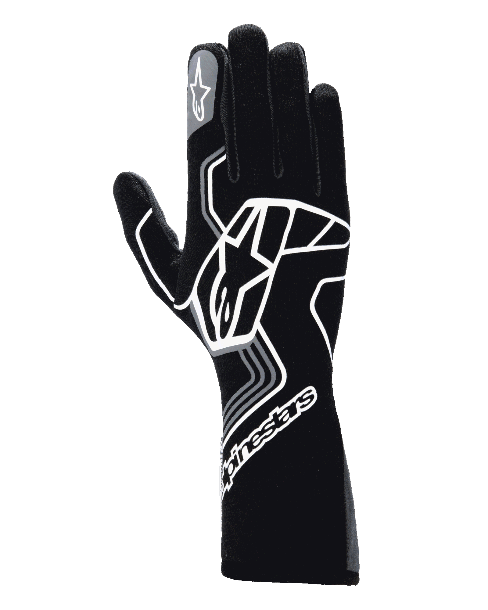 Alpinestars Tech-1 Race V4 handschoenen, autoracehandschoenen, Black Tar Gray, met een groot wit geometrisch sterlogo, Alpinestars-branding op de manchet en wijsvinger, model met lange schacht voor high-performance autosport
