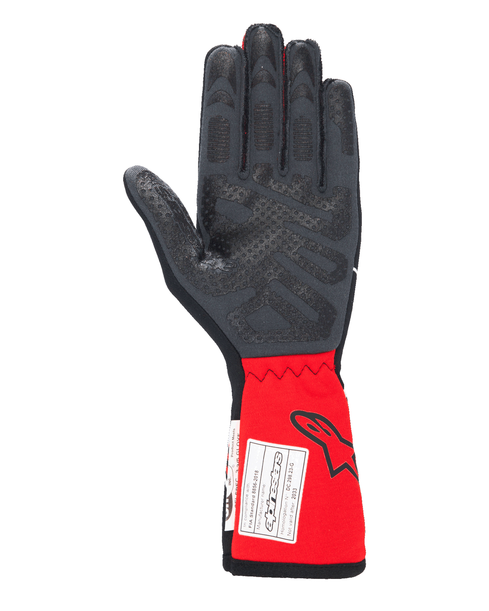 Alpinestars Tech-1 Race V4 Gloves, Auto Racing Gloves, Black and Red, palm view highlighting silicone grip patterns on fingers and palm, extended red cuff featuring Alpinestars logo and FIA certification label, high-performance motorsport gear