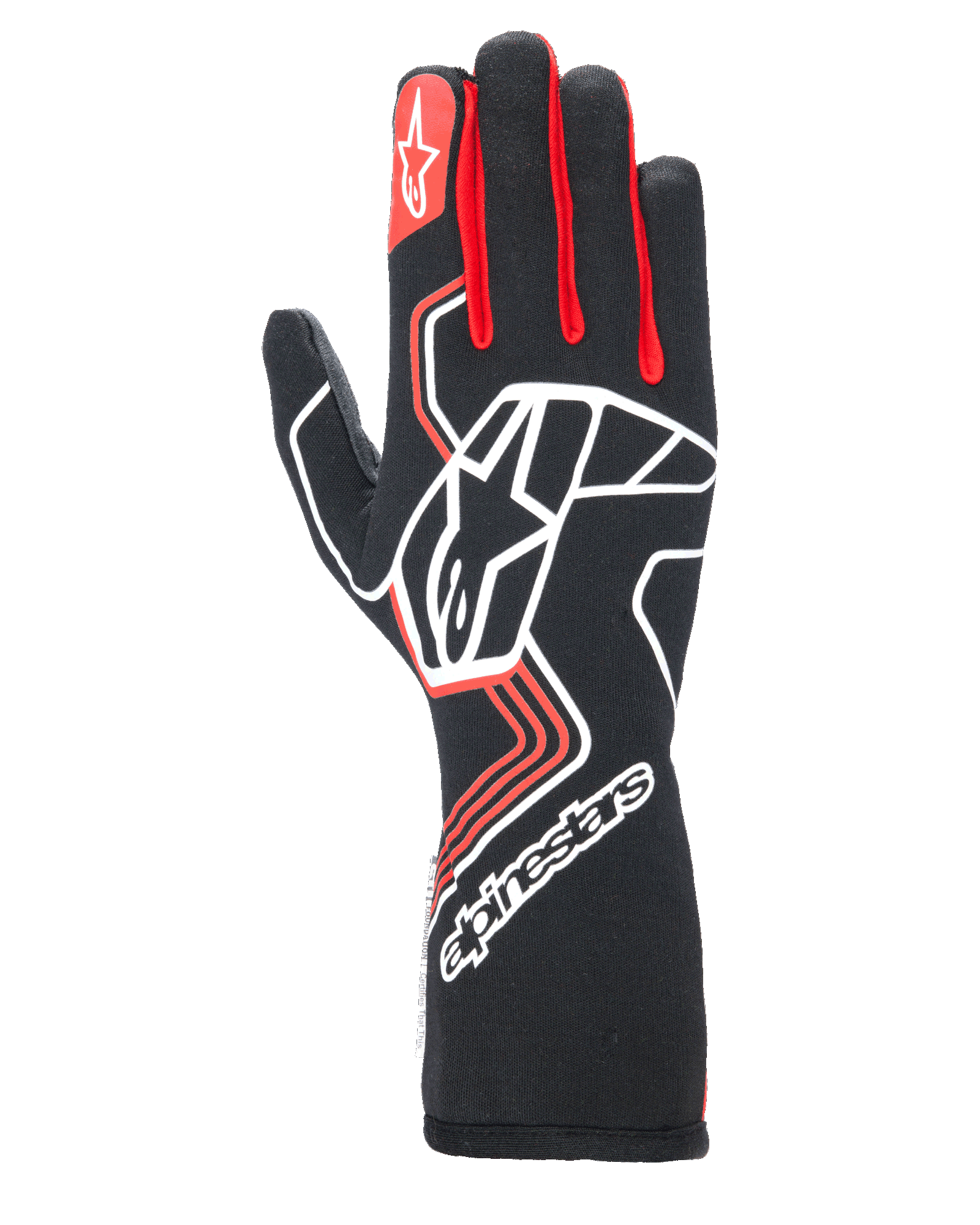 Alpinestars Tech-1 Race V4 handschoenen, autoracinghandschoenen, zwart met rode en witte accenten, met een groot wit sterlogo op de rug van de hand, rode vingerinzetten, witte merknaam op de verlengde manchet en geometrische patronen.