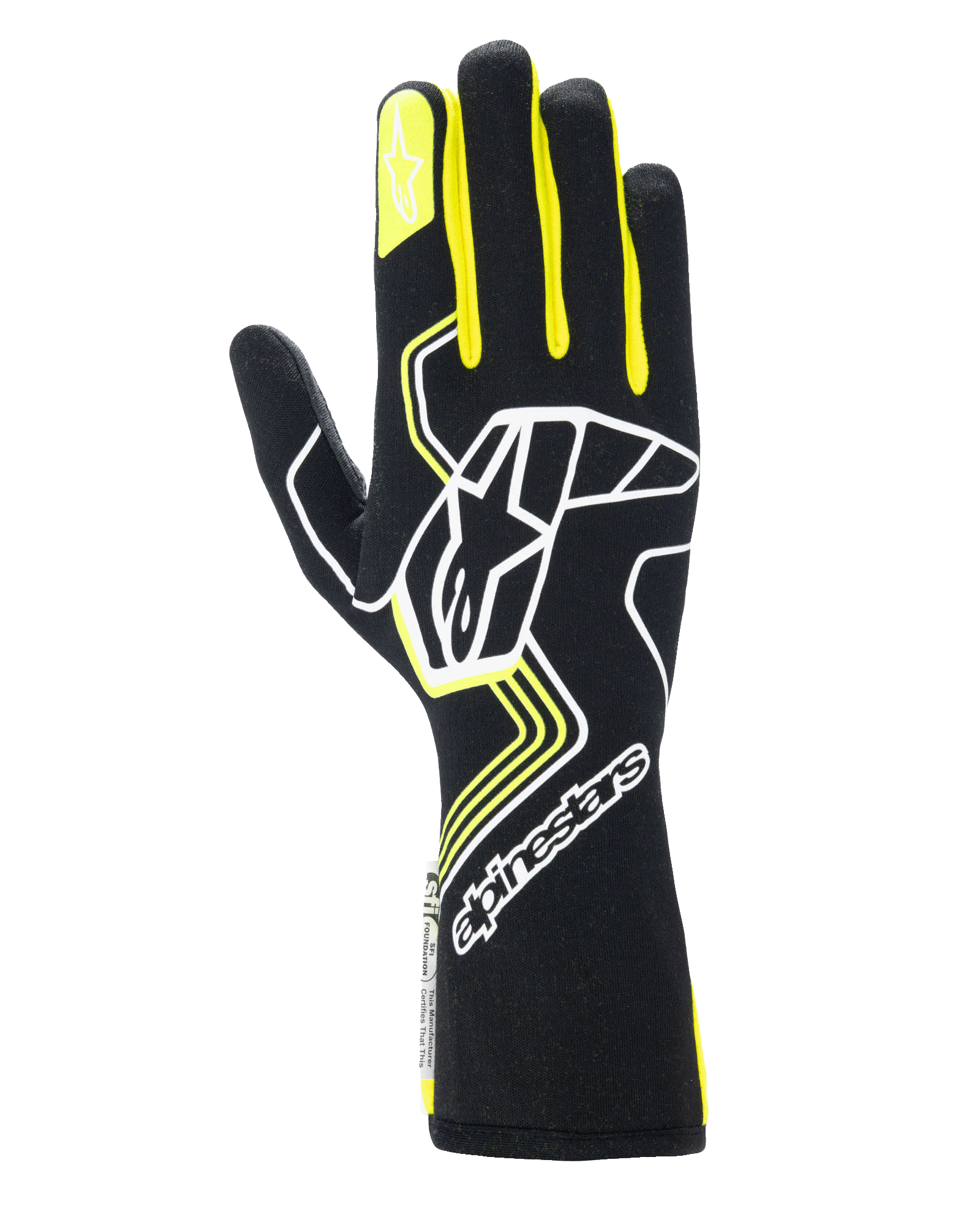 Alpinestars Tech-1 Race V4 handschoenen, autoracehandschoenen, zwart met geel fluo en witte accenten, voorzien van een groot sterlogo op de rug en een kleine ster op de wijsvinger, strak ontwerp met geometrische patronen en een verlengde manchet
