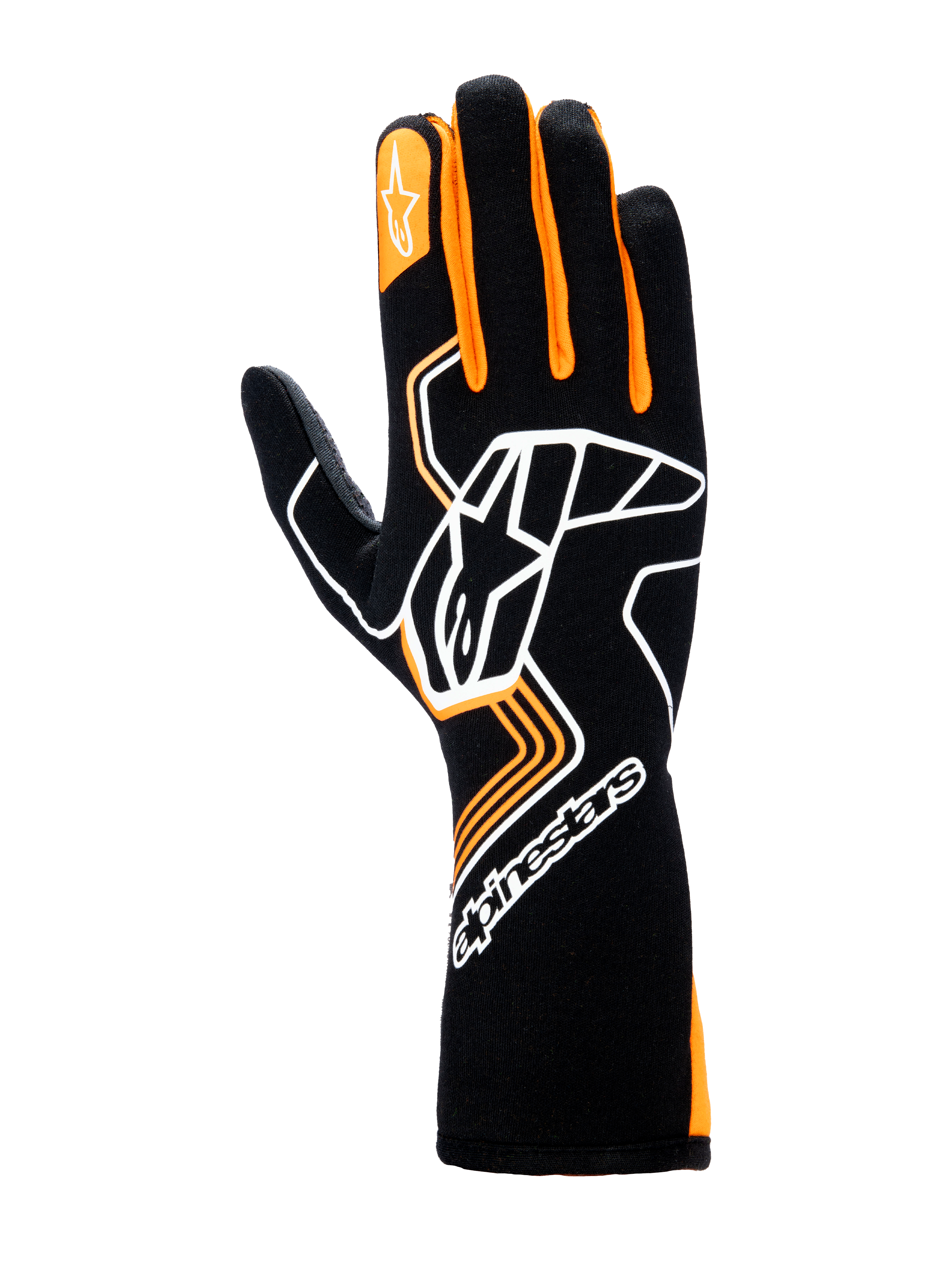 Alpinestars Tech-1 Race V4 handschoenen, autoracehandschoenen, zwart en fluo-oranje, voorzien van een groot wit Astar-logo op de rug van de hand, oranje vingeraccenten en een ontwerp met een hoge manchet voor professionele motorsportbescherming