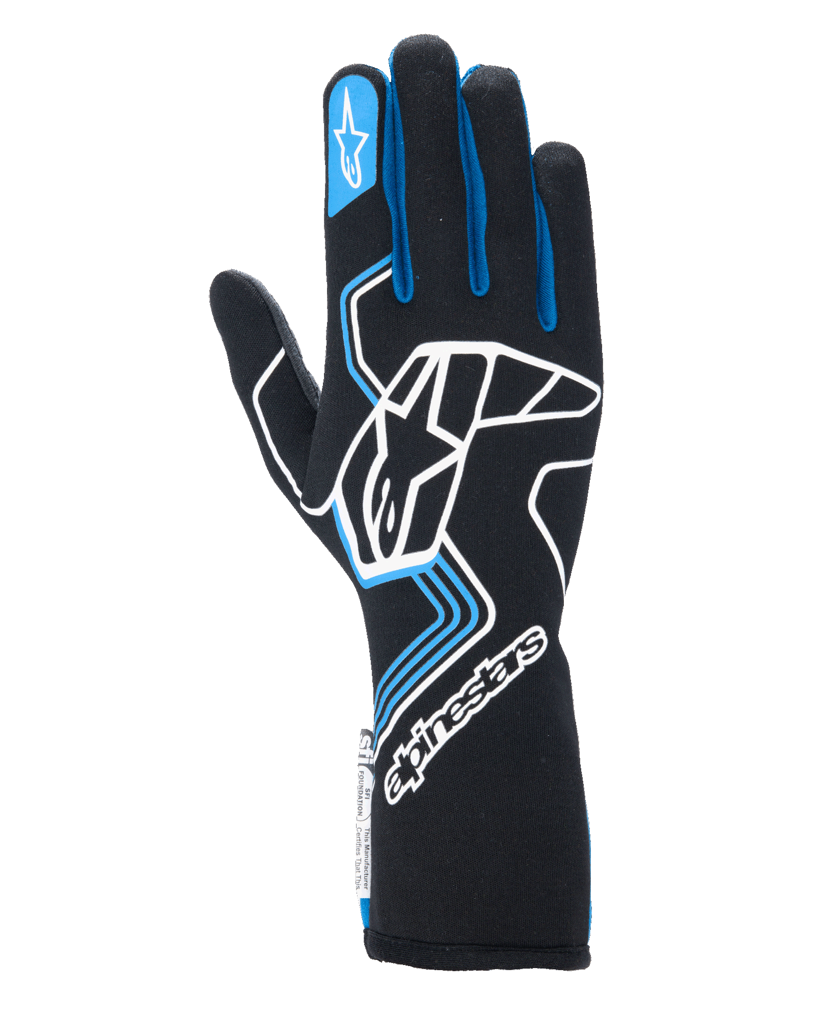 Alpinestars Tech-1 Race V4 handschoenen, autosporthandschoenen, zwart met blauwe en witte accenten, voorzien van groot wit logo op de handrug, blauwe biezen op de vingers en een verlengde manchet, professioneel vlamwerend ontwerp voor de motorsport