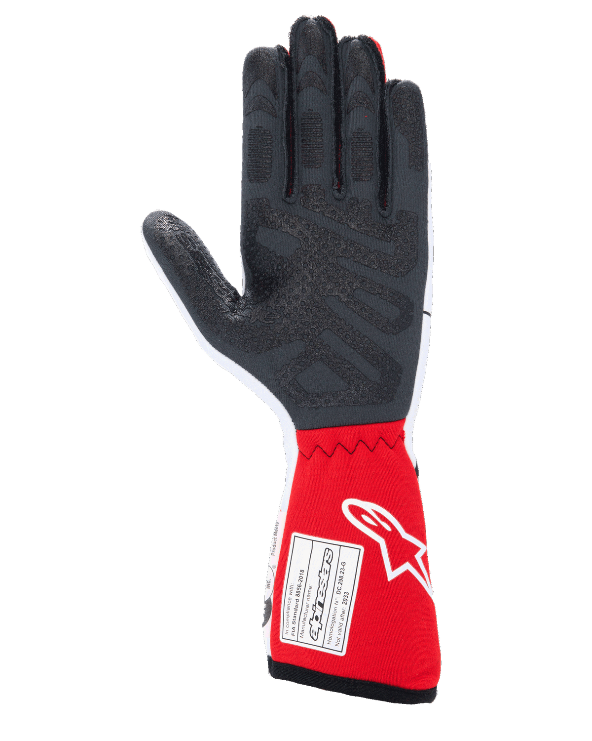 Alpinestars Tech-1 Race V4 handschoenen, autoracehandschoenen, wit en rood, handpalmaanzicht met zwart siliconen grippatroon met textuur en een FIA 8856-2018 certificeringslabel op de rode manchet, professionele autosportuitrusting