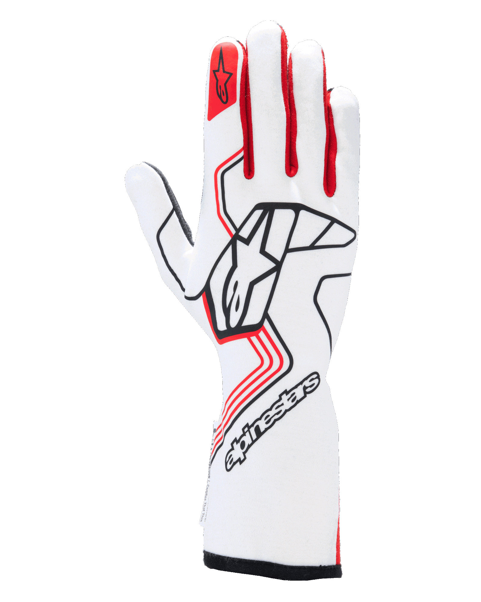 Alpinestars Tech-1 Race V4 handschoenen, racinghandschoenen voor de autosport, wit en rood met zwarte accenten, met een opvallend zwart Alpinestars-logo op de handrug, rood ster-embleem op de wijsvinger, professioneel ontwerp met lange manchet