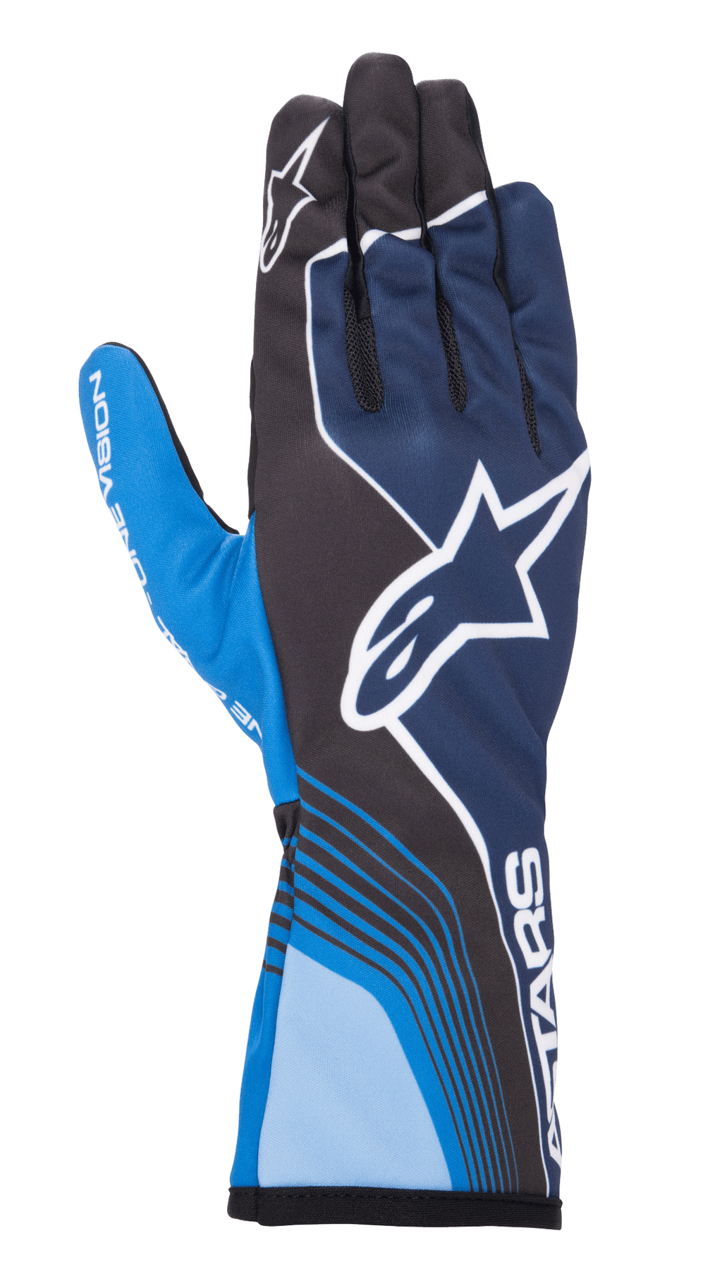 Alpinestars Tech-1 K Race V2 Future Gloves, Karting Racing Gloves, Navy Blue and Light Blue with Black accents, featuring a large white star logo, dynamic curved lines, mesh finger sections, and a sporty motorsport design with white branding