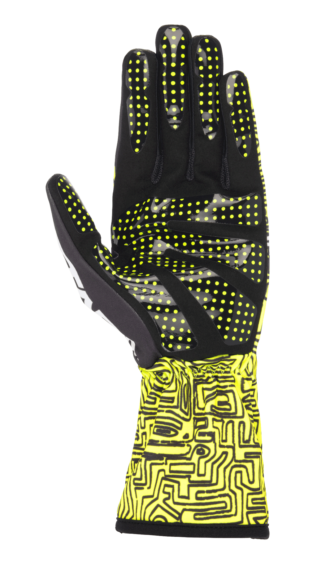Alpinestars Tech-1 K Race V2 Vertical Gloves, Yellow Fluo and Black, palm view highlighting silicone grip pattern with yellow dots, abstract digital print on gauntlet cuff, specialized karting glove design