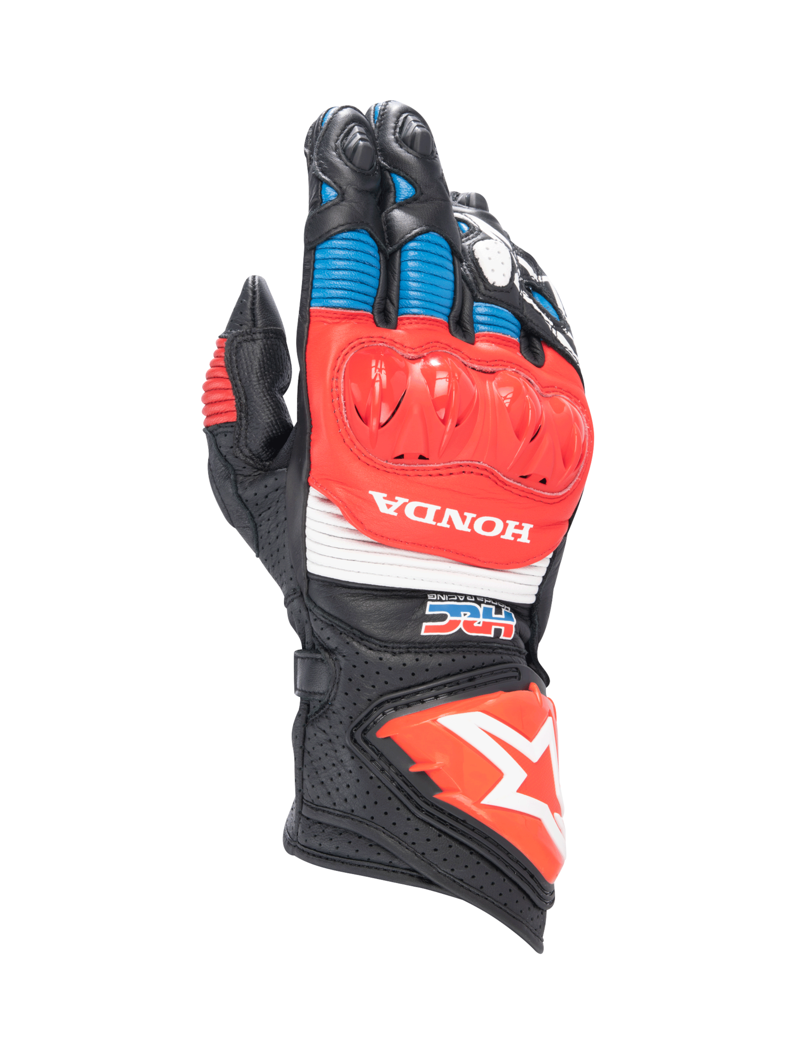 Alpinestars Honda GP Pro R3 Gloves, black and red leather motorcycle racing gauntlets with DFS knuckle protection.