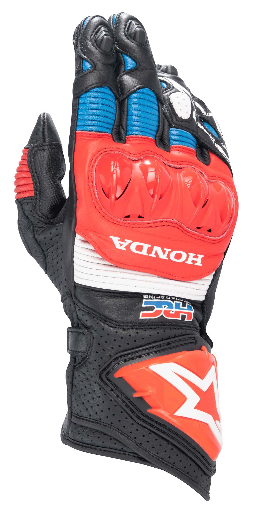 Alpinestars Honda GP Pro R3 motorhandschoenen, racing motorhandschoenen, zwart met felrode en blauwe accenten, voorzien van een rode DFS harde knokkelbeschermer, witte HONDA- en HRC-logo's, geperforeerd leer met accordeonpanelen en het Alpinestars sterlogo op de manchet