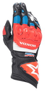 Alpinestars Honda GP Pro R3 motorhandschoenen, racing motorhandschoenen, zwart met felrode en blauwe accenten, voorzien van een rode DFS harde knokkelbeschermer, witte HONDA- en HRC-logo's, geperforeerd leer met accordeonpanelen en het Alpinestars sterlogo op de manchet