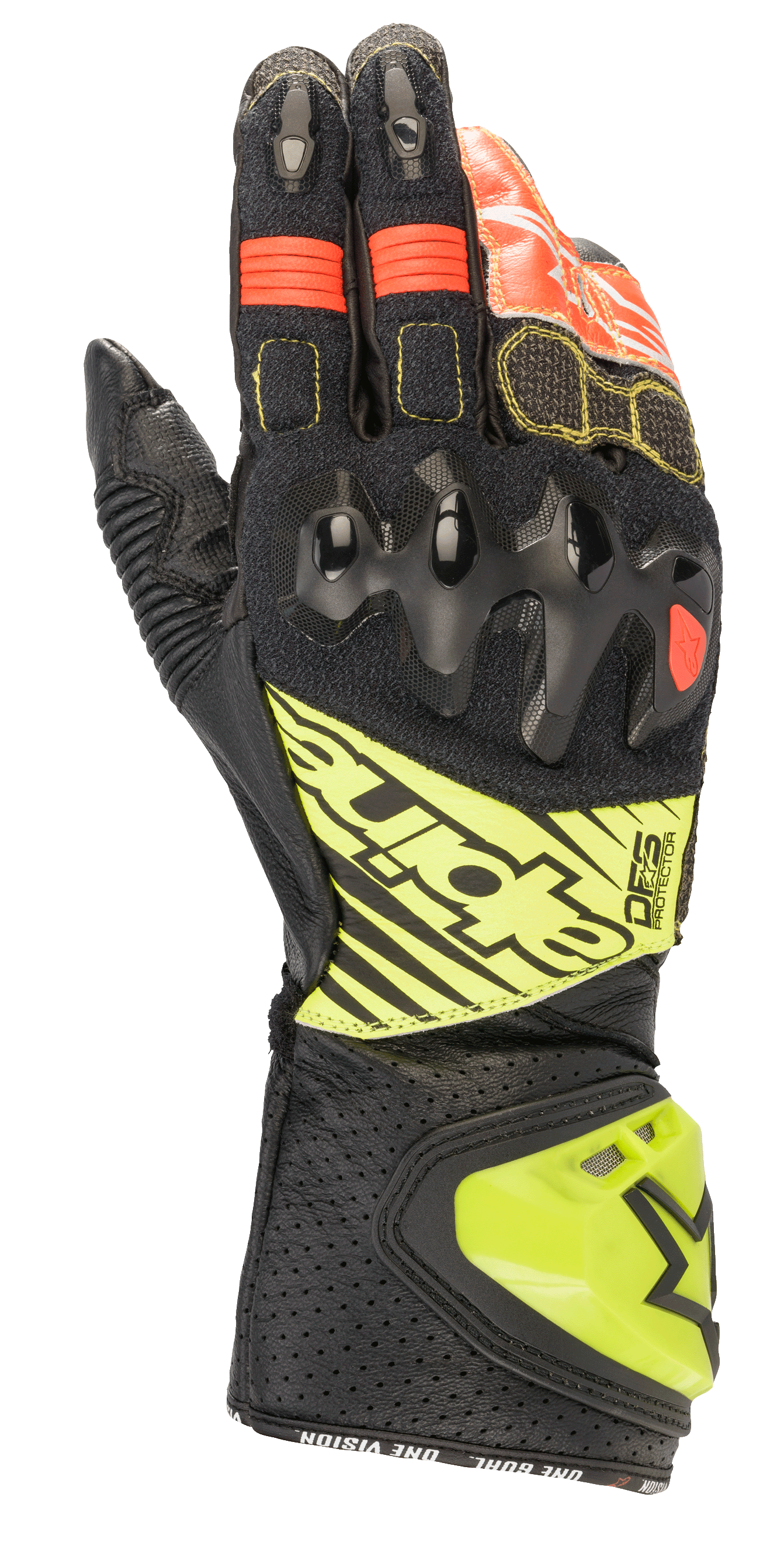 Alpinestars GP Tech V2 handschoenen, motorracehandschoenen, zwart met fluogeel en rode accenten, voorzien van harde knokkelbescherming, geperforeerde leren manchet met DFS-branding en accordeon stretchpanelen voor optimale flexibiliteit.