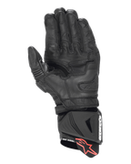 Alpinestars GP Pro R4 handschoenen, racehandschoenen, zwart, aanzicht van de handpalm met versterkte lederen constructie, geperforeerde vingerdetails en DFS-manchetbeschermer met treklipje met rood sterlogo