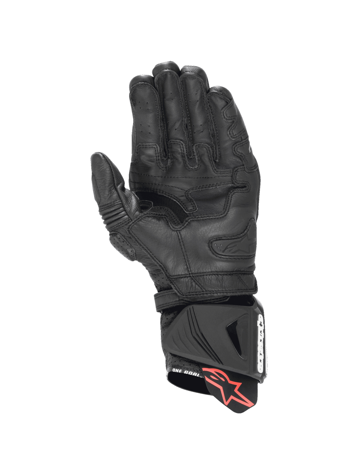 Alpinestars GP Pro R4 handschoenen, motorracinghandschoenen voor heren, zwart leer met kangoeroelederen handpalm, DFS-manchetschuiver en palmslider voor professionele racebescherming.