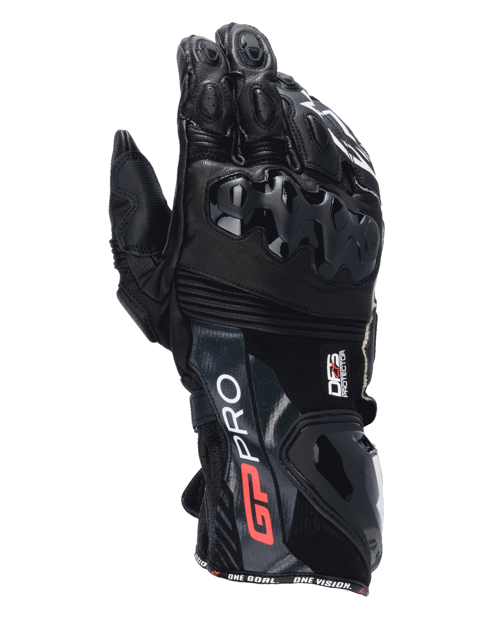 Alpinestars GP Pro R4 motorhandschoenen, zwarte racing gauntlet handschoenen, voorzien van DFS knokkel- en manchetbeschermers, premium leren constructie met rode en witte branding, hoogwaardige circuitbescherming
