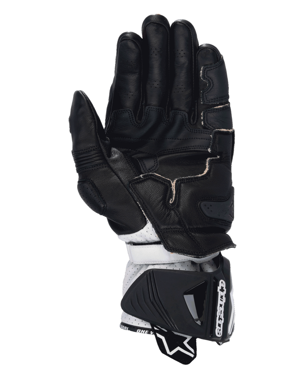 Alpinestars GP Pro R4 Handschoenen, racing motorhandschoenen, zwart rood fluo wit, handpalmweergave met zwarte lederen constructie, geperforeerde vingers, gripverstevigingen en wit lederen polsgedeelte met een grote beschermende manchet.