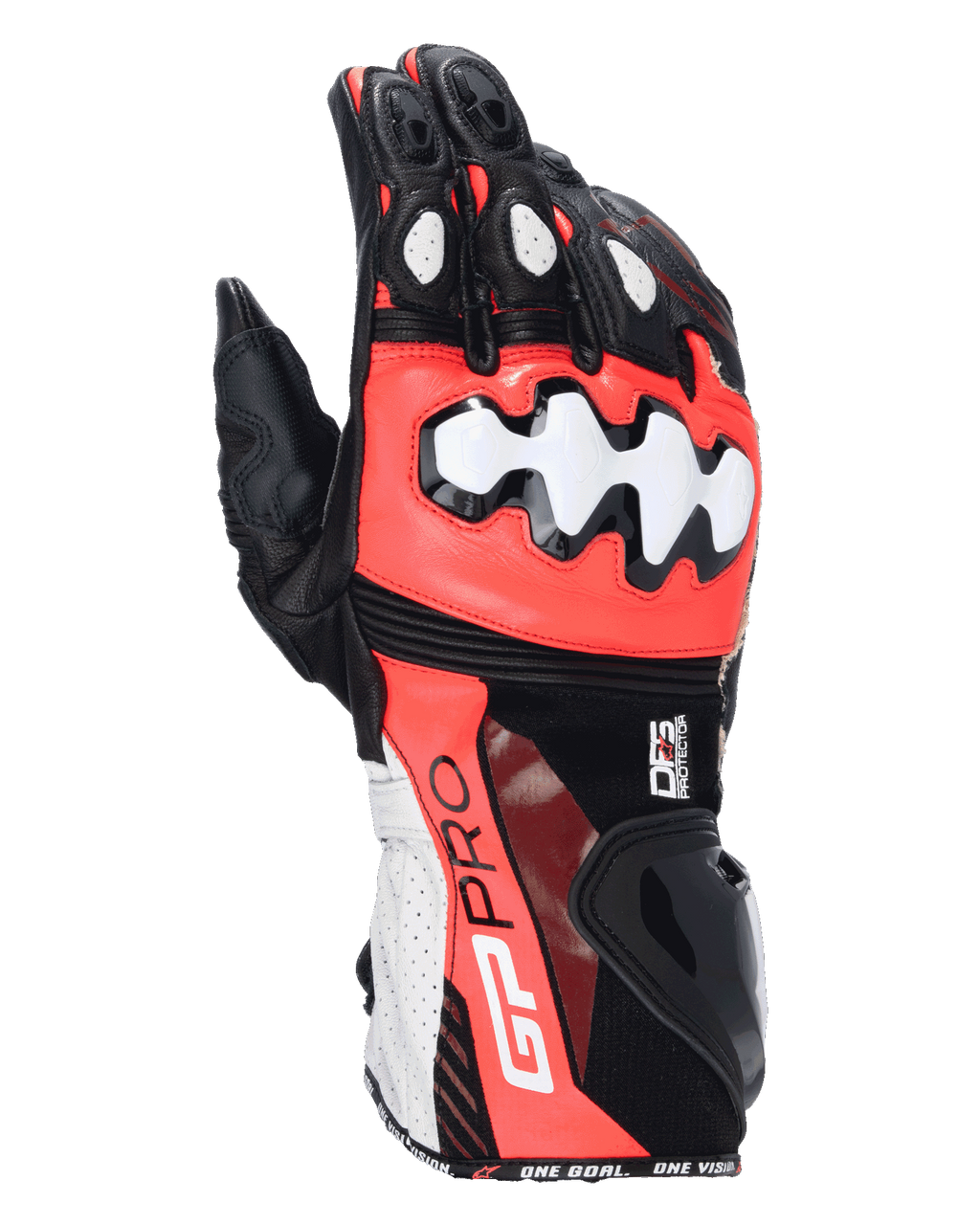 Alpinestars GP Pro R4 motorhandschoenen, racing motorhandschoenen, zwart, fluo rood en wit, voorzien van DFS knokkel- en manchetbeschermers, geperforeerde lederen constructie, GP Pro-branding op de manchet, hoogwaardige race-uitrusting