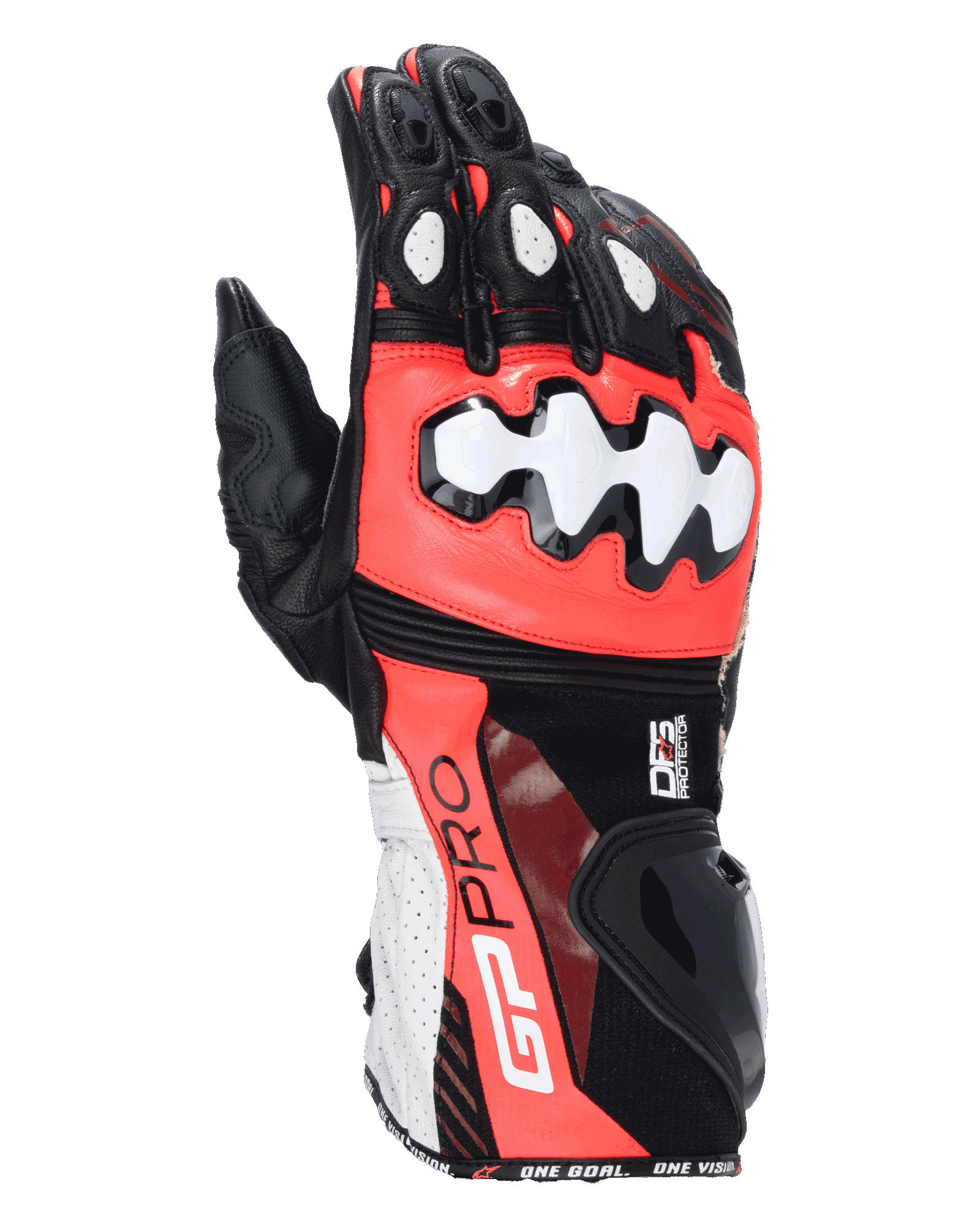 Alpinestars GP Pro R4 motorhandschoenen, racing motorhandschoenen, zwart, fluo rood en wit, voorzien van DFS knokkel- en manchetbeschermers, geperforeerde lederen constructie, GP Pro-branding op de manchet, hoogwaardige race-uitrusting
