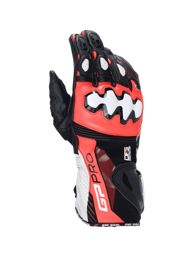 Alpinestars GP Pro R4 handschoenen, race-motorhandschoenen in zwart, rood en wit leer met DFS knokkelbescherming.