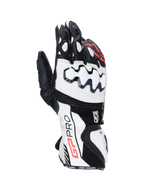 Alpinestars GP Pro R4 motorracinghandschoenen in zwart en wit leer met DFS-knokkelbescherming en gauntletmanchet.
