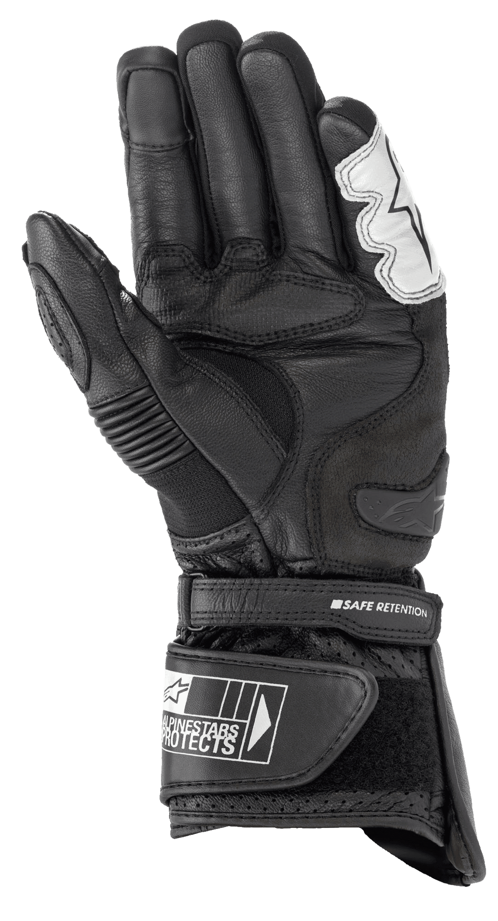 Alpinestars SP-2 V3 handschoenen, motorhandschoenen, zwart en wit, zicht op de handpalm met volnerf lederen constructie, TPU palm slider en verstelbare manchet met Safe Retention strap en Alpinestars-branding