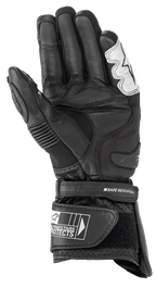 Alpinestars SP-2 V3 handschoenen, motorhandschoenen, zwart en wit, zicht op de handpalm met volnerf lederen constructie, TPU palm slider en verstelbare manchet met Safe Retention strap en Alpinestars-branding