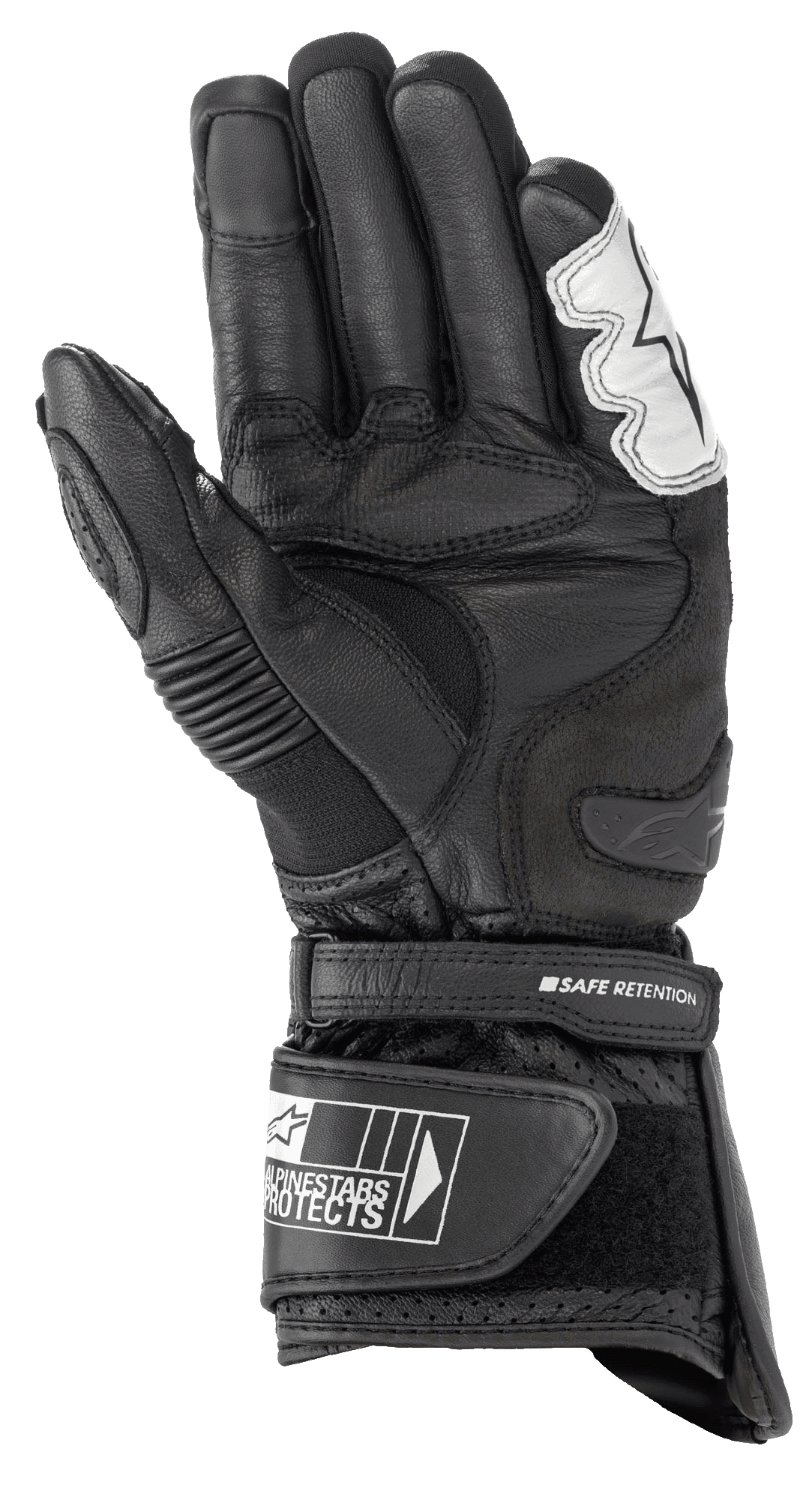 Alpinestars SP-2 V3 handschoenen, motorhandschoenen, zwart en wit, zicht op de handpalm met volnerf lederen constructie, TPU palm slider en verstelbare manchet met Safe Retention strap en Alpinestars-branding