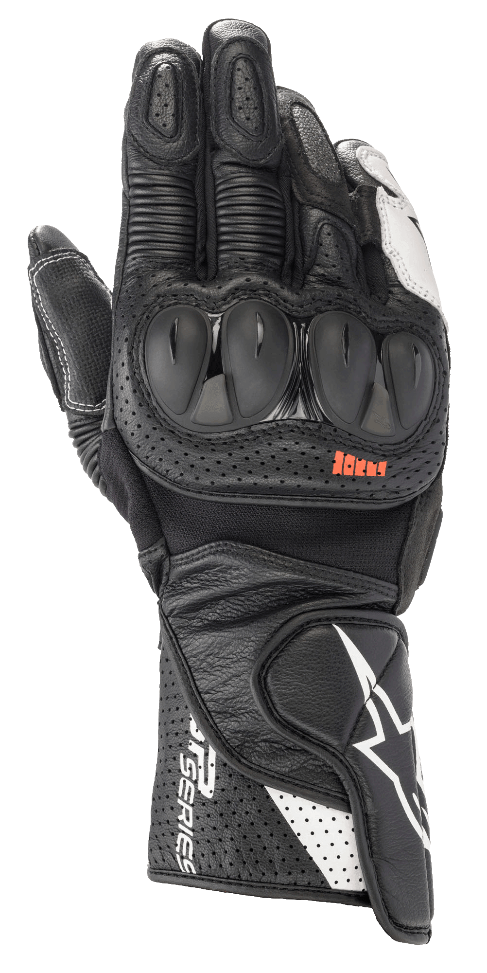 Alpinestars SP-2 V3 handschoenen, motorracinghandschoenen, zwart en wit, voorzien van harde TPU-knokkelprotectoren, geperforeerd leer voor ventilatie, lange manchet met wit sterlogo en SP Series-branding