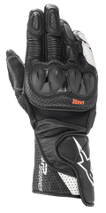 Alpinestars SP-2 V3 handschoenen, motorracinghandschoenen, zwart en wit, voorzien van harde TPU-knokkelprotectoren, geperforeerd leer voor ventilatie, lange manchet met wit sterlogo en SP Series-branding