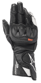 Alpinestars SP-2 V3 handschoenen, motorracinghandschoenen, zwart en wit, voorzien van harde TPU-knokkelprotectoren, geperforeerd leer voor ventilatie, lange manchet met wit sterlogo en SP Series-branding
