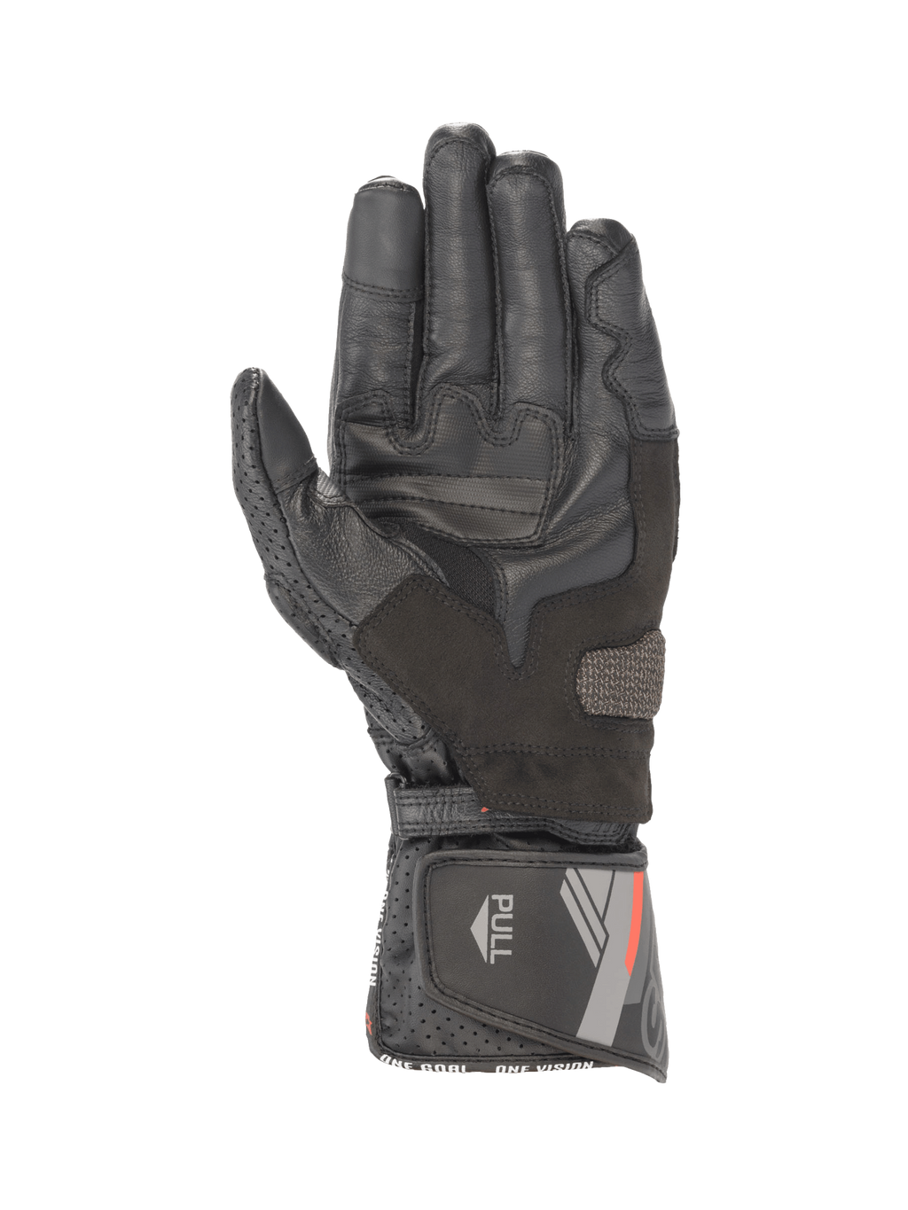 Alpinestars SP-8 V3 motorhandschoenen, zwart leer, palmzicht met gripverstevigingen en klittenbandsluiting aan de manchet.