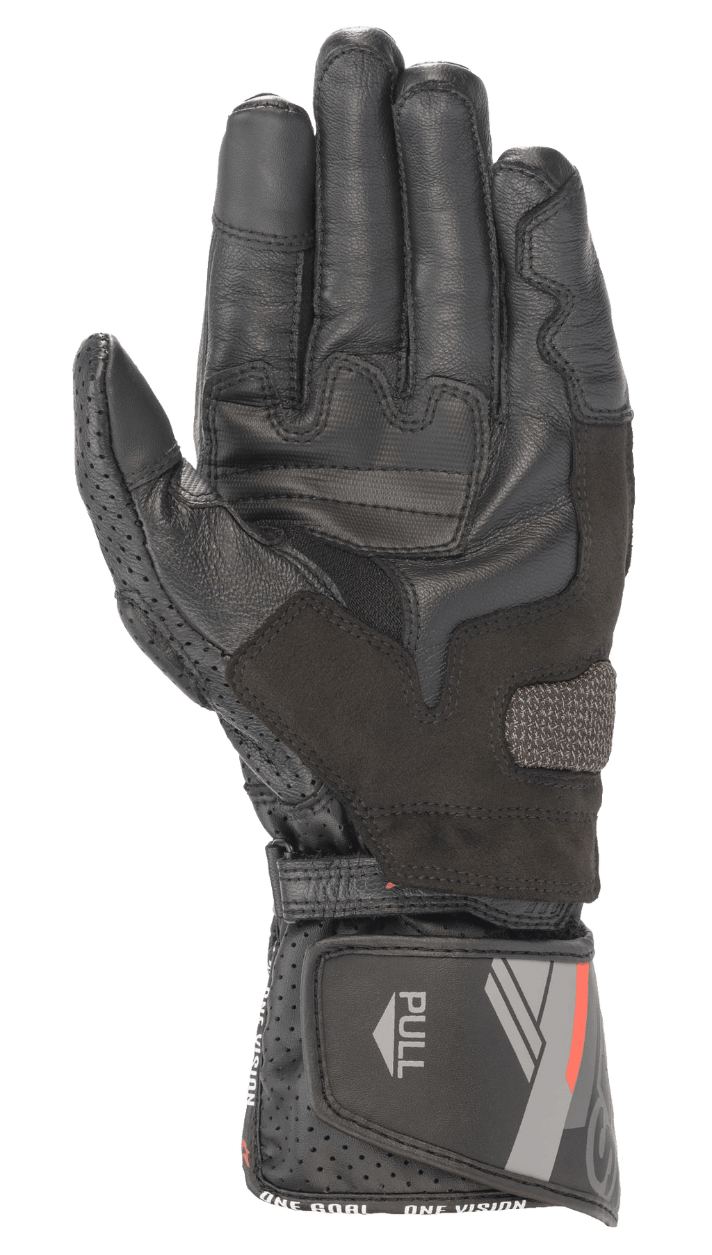 Alpinestars SP-8 V3 lederen handschoen, zwart, binnenzijde van de handpalm met versterkte grippanelen en geperforeerde duim, verstelbare manchet met rode en grijze graphics en 'PULL'-tab, sportieve motorrijuitrusting