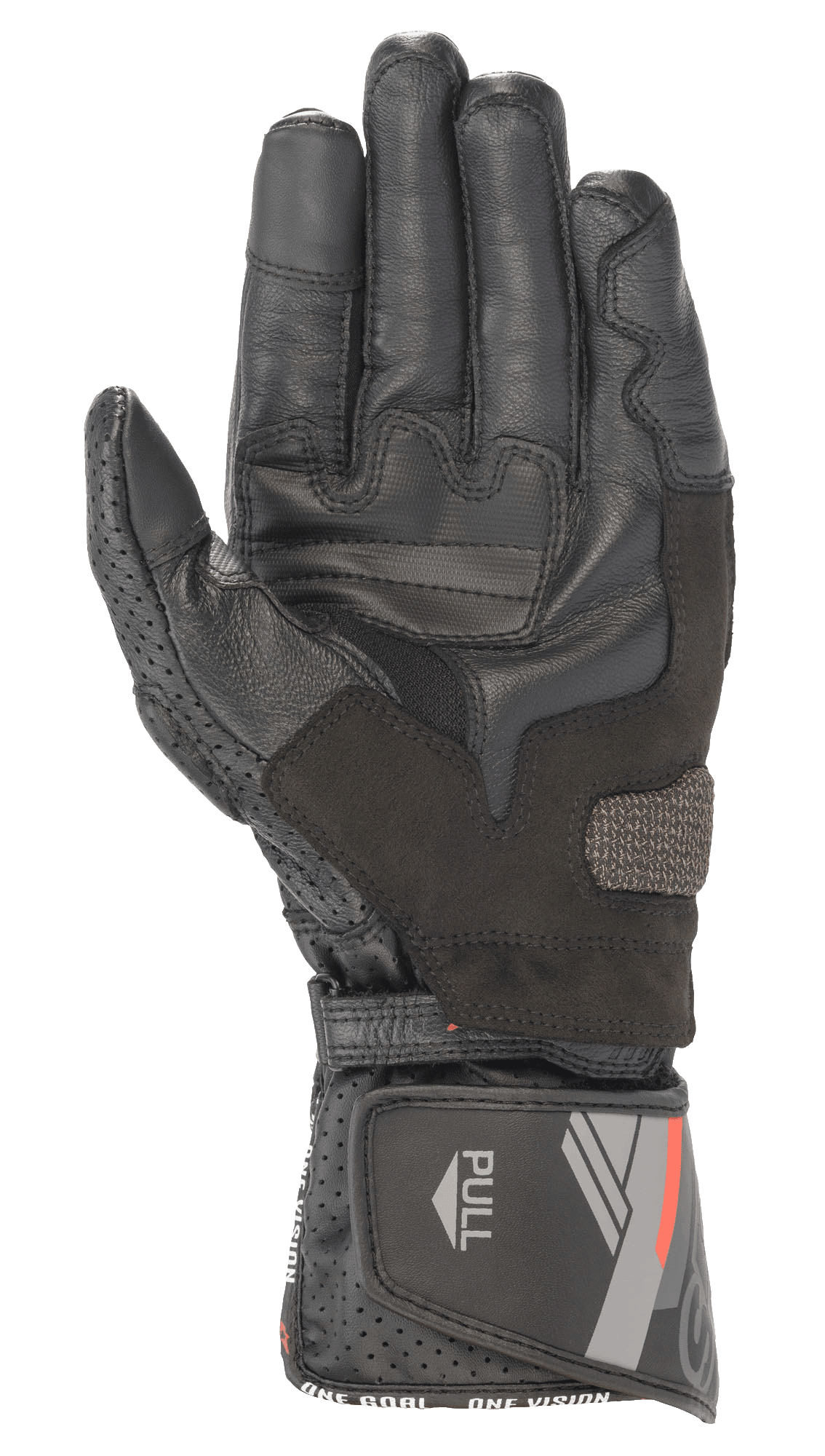 Alpinestars SP-8 V3 lederen handschoen, zwart, binnenzijde van de handpalm met versterkte grippanelen en geperforeerde duim, verstelbare manchet met rode en grijze graphics en 'PULL'-tab, sportieve motorrijuitrusting