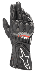 Alpinestars SP-8 V3 leren handschoenen, zwarte motorracehandschoenen met dual-density knokkelbescherming, rode en grijze 'SP-8' branding, wit sterlogo op de geperforeerde manchet, versterkte vingerpadding en volnerf lederen constructie voor sportief rijden