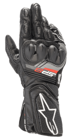 Alpinestars SP-8 V3 leren handschoenen, zwarte motorracehandschoenen met dual-density knokkelbescherming, rode en grijze 'SP-8' branding, wit sterlogo op de geperforeerde manchet, versterkte vingerpadding en volnerf lederen constructie voor sportief rijden