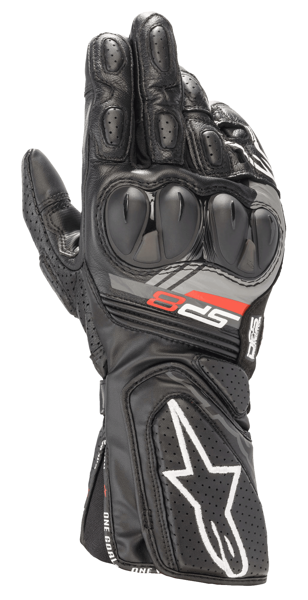 Alpinestars SP-8 V3 leren handschoenen, zwarte motorracehandschoenen met dual-density knokkelbescherming, rode en grijze 'SP-8' branding, wit sterlogo op de geperforeerde manchet, versterkte vingerpadding en volnerf lederen constructie voor sportief rijden