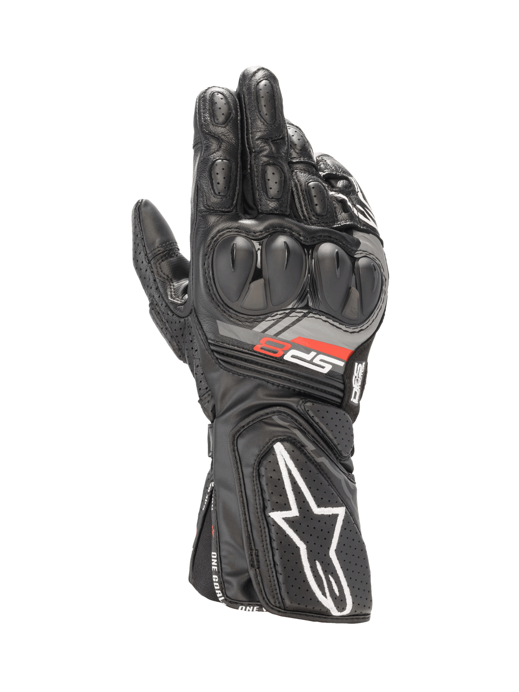 Alpinestars SP-8 V3 handschoenen, zwarte motorracinghandschoenen voor heren, wit logo, voorzien van SP dual density knokkelbescherming en geperforeerd geitenleer.