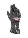 Alpinestars SP-8 V3 handschoenen, zwarte motorracinghandschoenen voor heren, wit logo, voorzien van SP dual density knokkelbescherming en geperforeerd geitenleer.