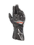 Alpinestars SP-8 V3 handschoenen, zwarte motorracinghandschoenen voor heren, wit logo, voorzien van SP dual density knokkelbescherming en geperforeerd geitenleer.