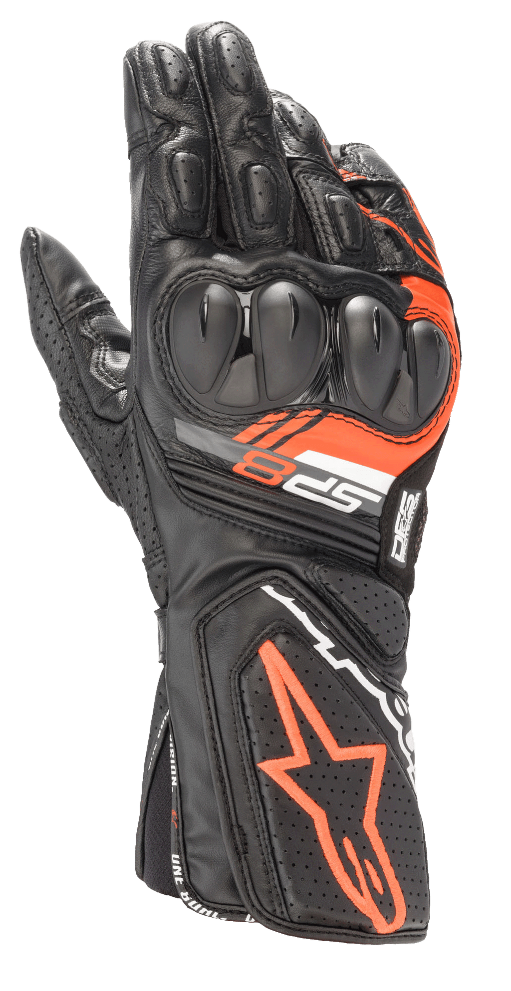 Alpinestars SP-8 V3 Gloves, Leather Motorcycle Racing Gloves, Black and Red Fluo, featuring reinforced dual-density knuckle protection, perforated leather panels, and SP-8 branding, sport performance design