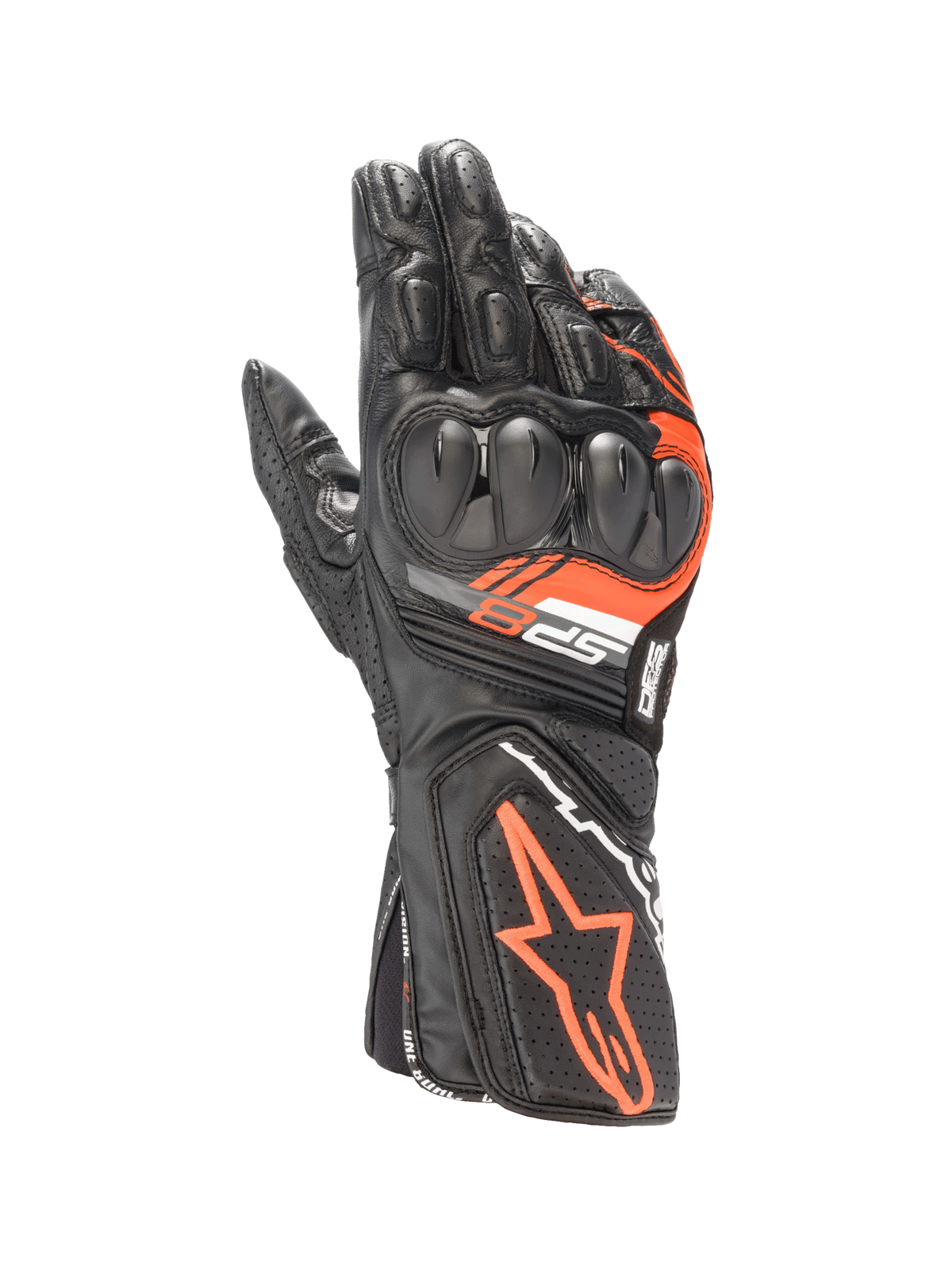 Alpinestars SP-8 V3 lederen motorhandschoenen in zwart en rood fluo met dual-density knokkelbescherming.